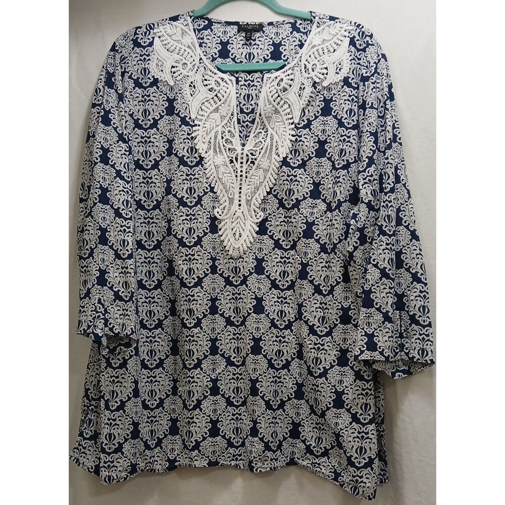 Crochet-Trim Navy and White Printed Women's Tunic Top